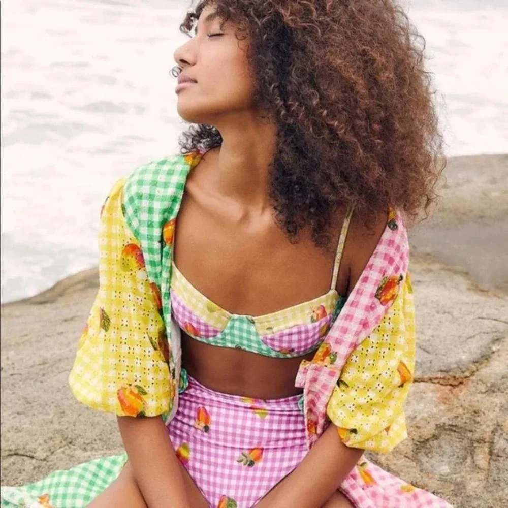 FARM Rio Green Pink Yellow Gingham Maxi Dress with Fruit Print - Picture 5 of 12